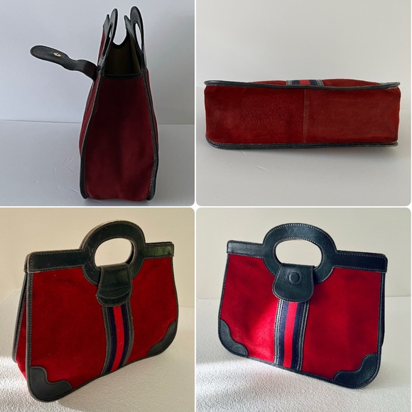 Vintage Gucci 1970s hand bag with cut out top handle red Nubuck navy leather web - Picture 12 of 17